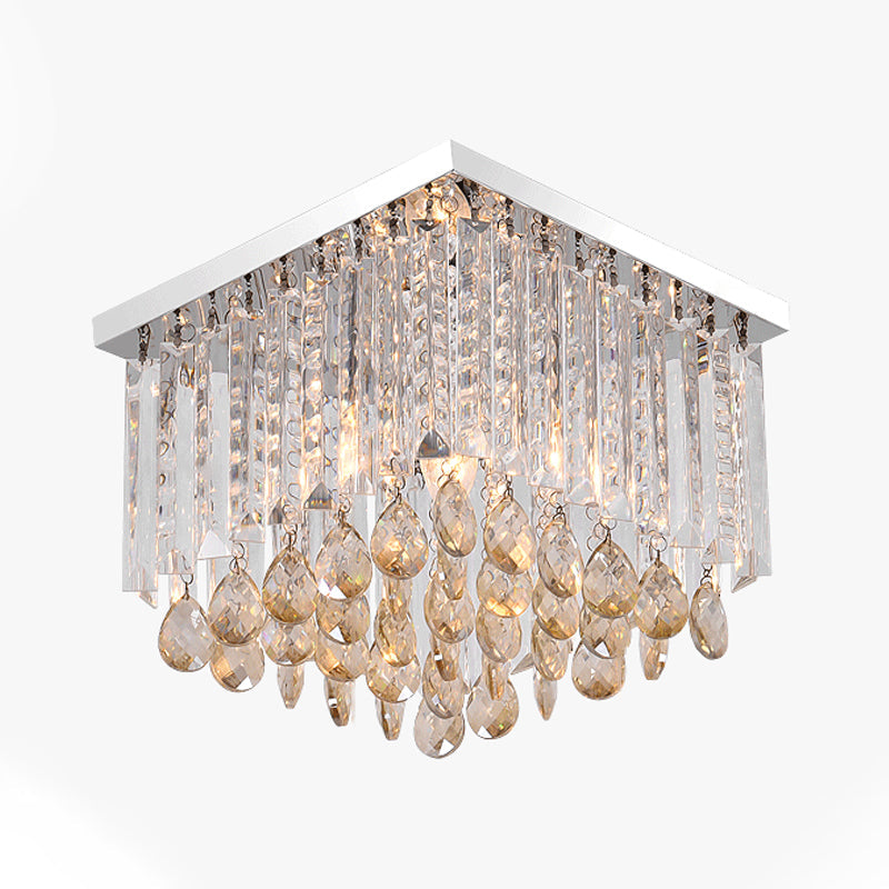 Simple Cubic Flush Mount Ceiling Lamp with Clear Crystals - Bedroom Lighting Fixture