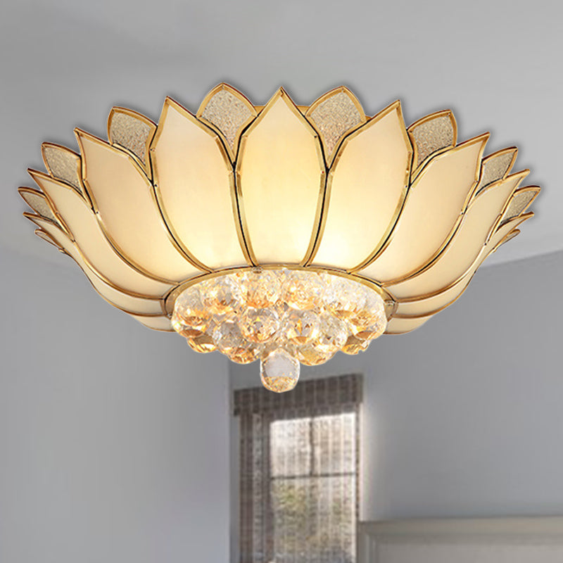 Golden Lotus Flush Mount Light - Traditional Glass Ceiling Lamp with Crystal Drop