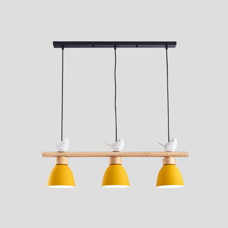 Wood & Metal Macaron Bowl Pendant Light With 3 Lights For Island Electric Socket Yellow