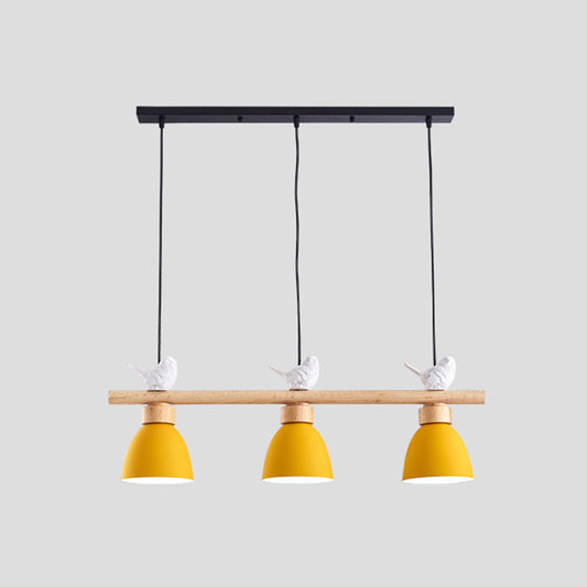 Wood & Metal Macaron Bowl Pendant Light With 3 Lights For Island Electric Socket Yellow