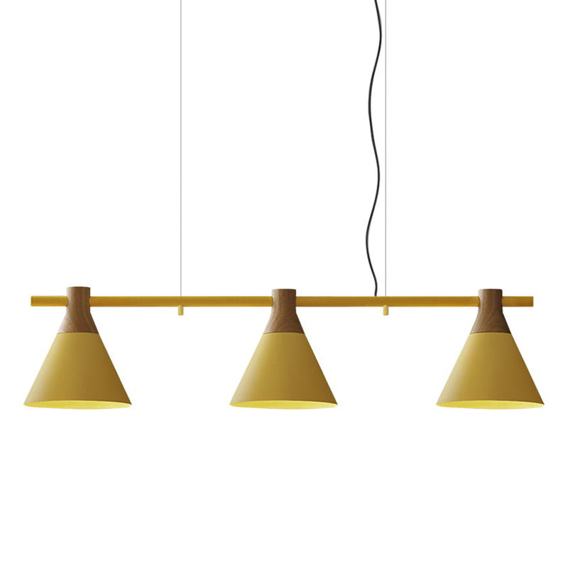 Nordic Style Adjustable Hanging Pendant Light With 3 Conical Metal Shades In Wood