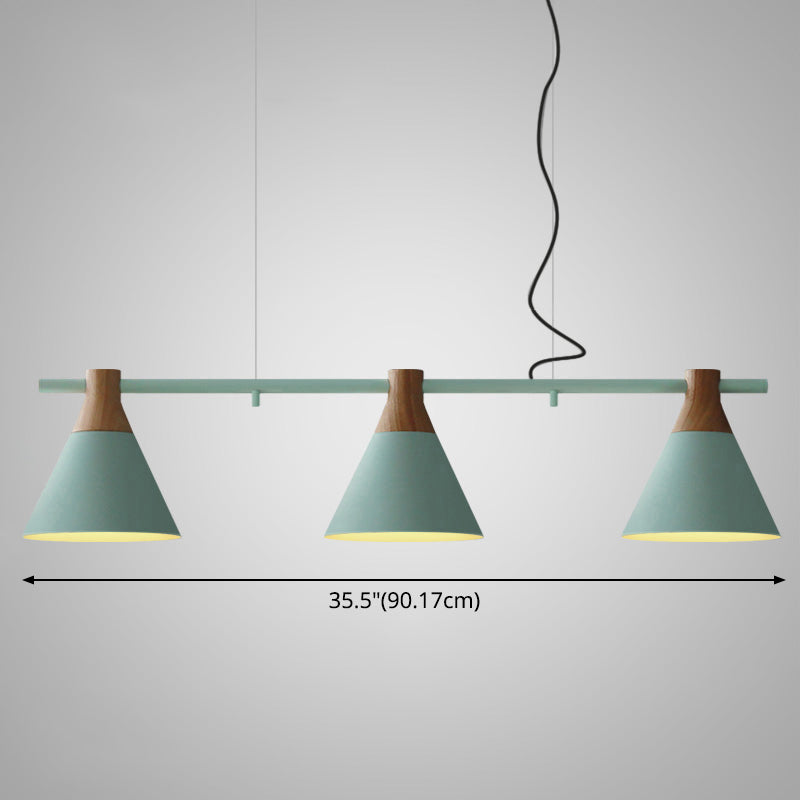 Nordic Style Adjustable Hanging Pendant Light With 3 Conical Metal Shades In Wood