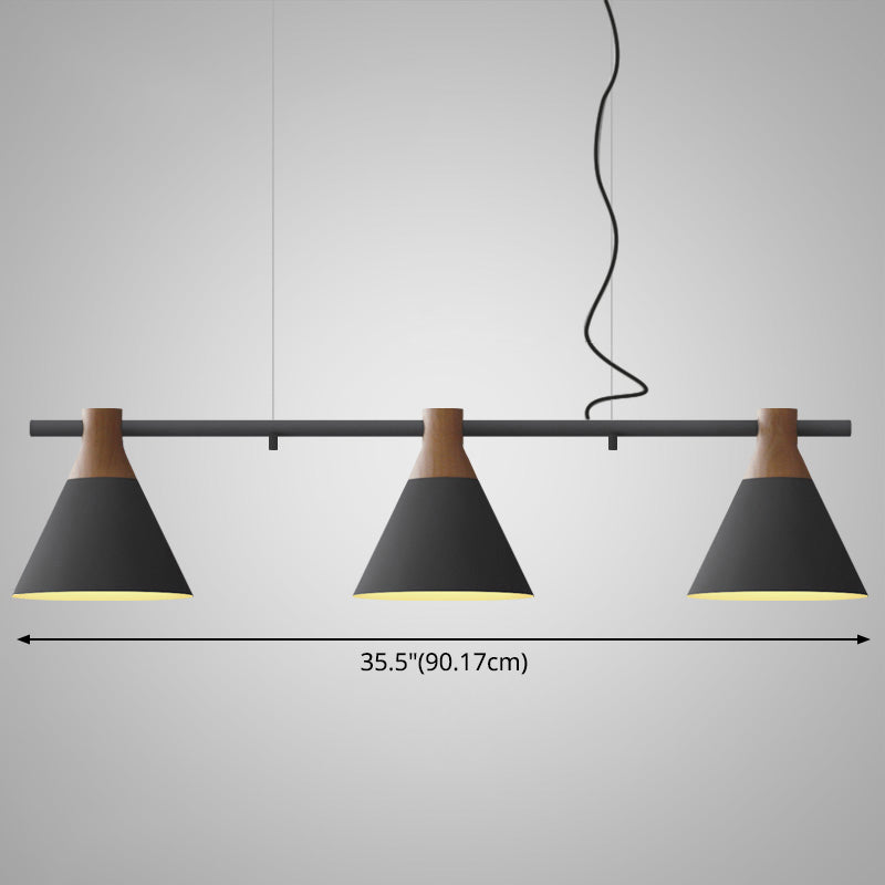 Nordic Style Adjustable Hanging Pendant Light With 3 Conical Metal Shades In Wood