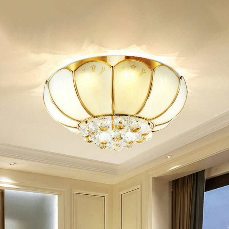 Modern White Glass Flower Flush Mount Light with Crystal Ball Finial - Ideal for Living Room Ceiling - 4/6 Lights Available