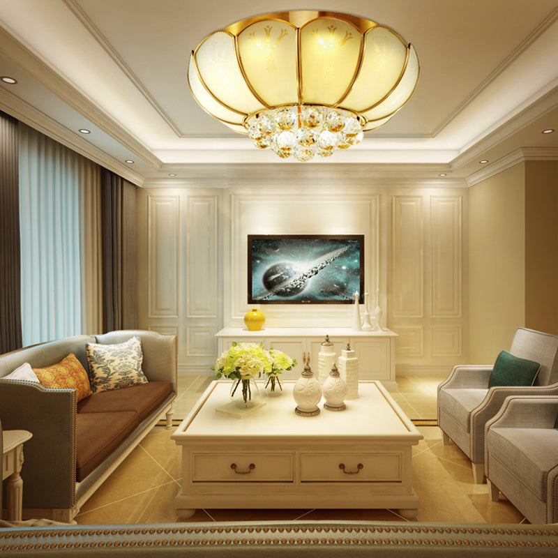 Modern White Glass Flower Flush Mount Light with Crystal Ball Finial - Ideal for Living Room Ceiling - 4/6 Lights Available