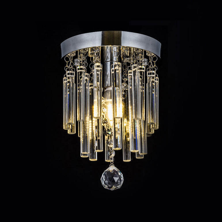 Round Chrome Crystal Bar Flush Mount Ceiling Light - Bare Bulb Flushmount