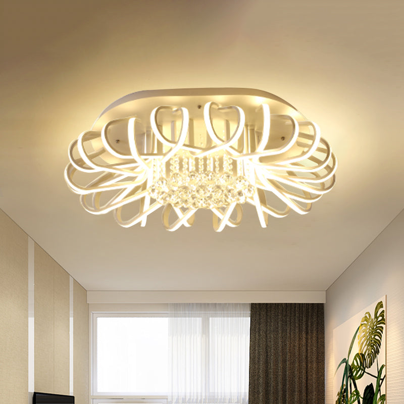 Modern LED White Ceiling Light with Clear Crystal Ball Accent - Oval Acrylic Flush Mount Fixtures, 19.5" & 24.5" Width Options