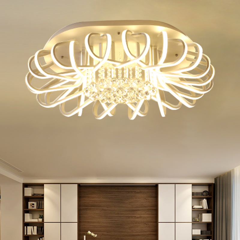 Modern LED White Ceiling Light with Clear Crystal Ball Accent - Oval Acrylic Flush Mount Fixtures, 19.5" & 24.5" Width Options