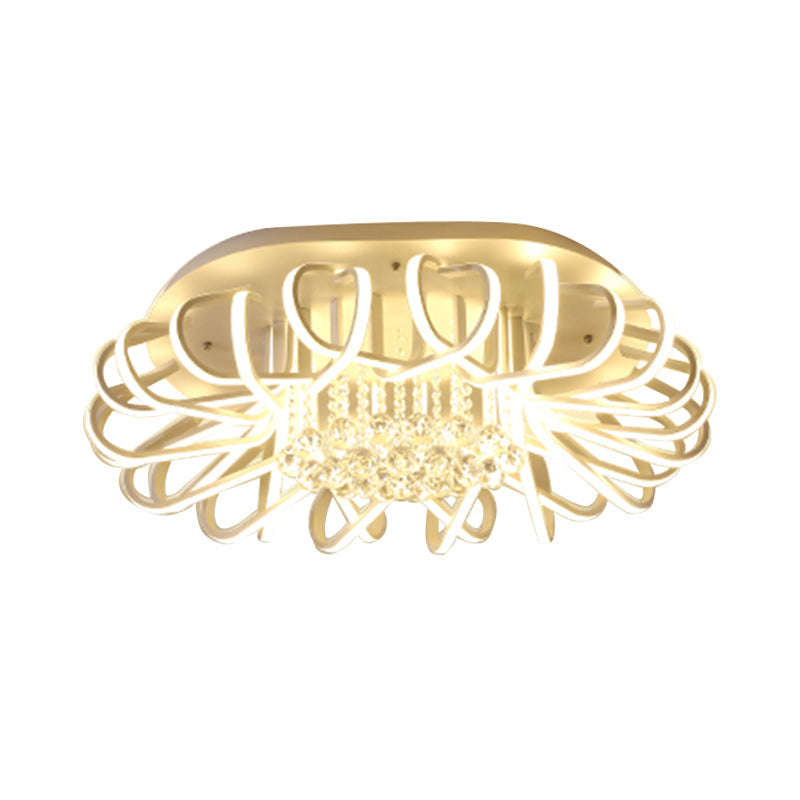 Modern LED White Ceiling Light with Clear Crystal Ball Accent - Oval Acrylic Flush Mount Fixtures, 19.5" & 24.5" Width Options