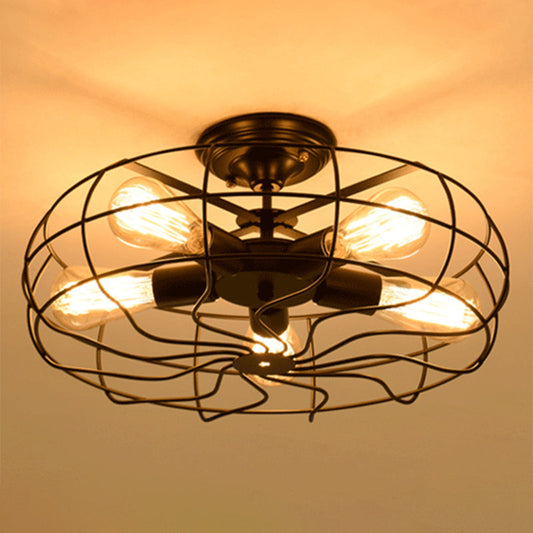Shabby Chic Black Metal Cage Semi Flush Mount Chandelier - Aisle Lighting