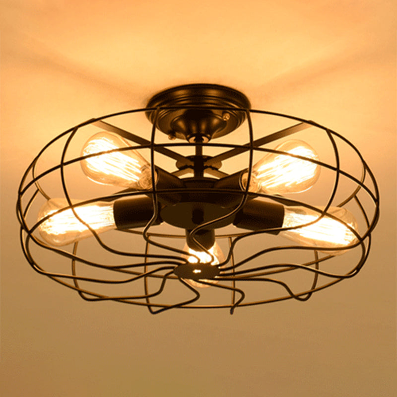 Shabby Chic Black Metal Cage Semi Flush Mount Chandelier - Aisle Lighting