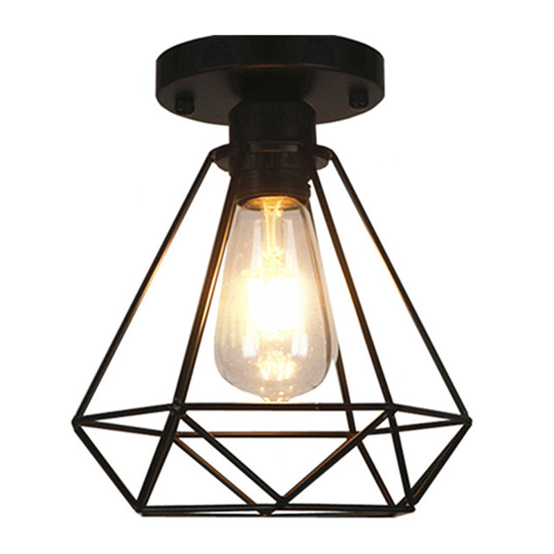 Black Metal Diamond Cage Pendant Light for Coffee Shop & Loft - Semi Flush Mount Chandelier