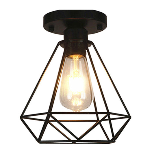 Black Metal Diamond Cage Pendant Light for Coffee Shop & Loft - Semi Flush Mount Chandelier