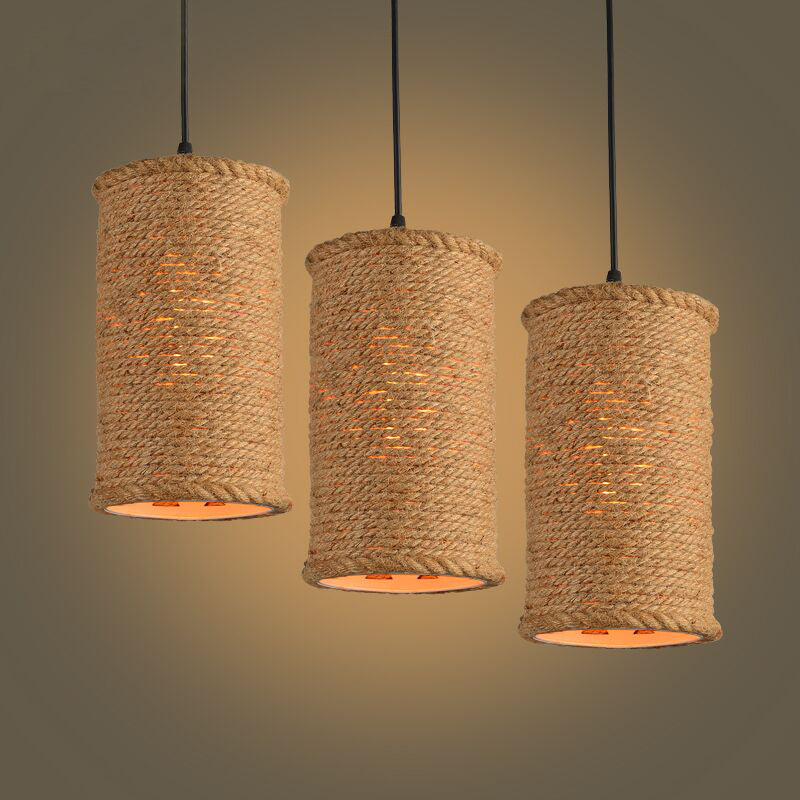 Rustic Beige Pendant Lights for Restaurant: Vintage Rope Cylinder Design