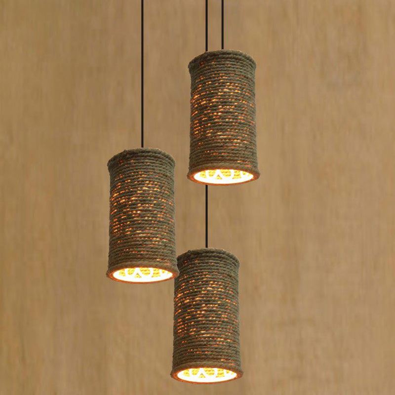 Rustic Beige Pendant Lights for Restaurant: Vintage Rope Cylinder Design