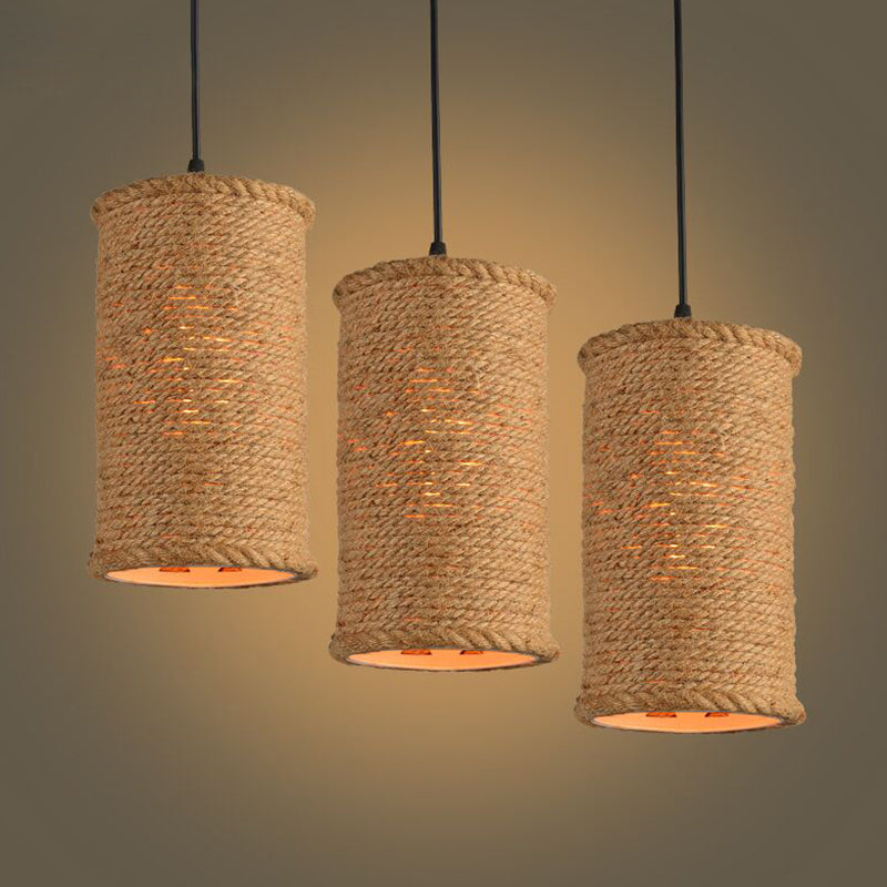 Rustic Beige Pendant Lights for Restaurant: Vintage Rope Cylinder Design