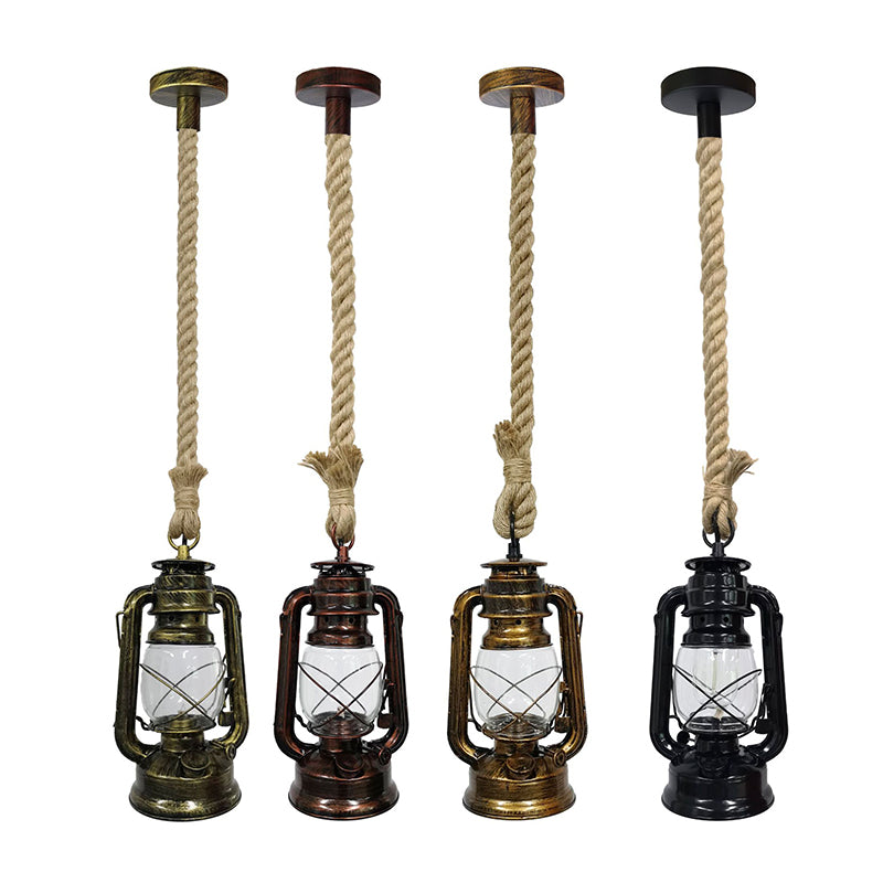 Vintage Industrial Hemp Rope Kerosene Horse Lamp Chandelier - Metal Restaurant Hanging Lighting