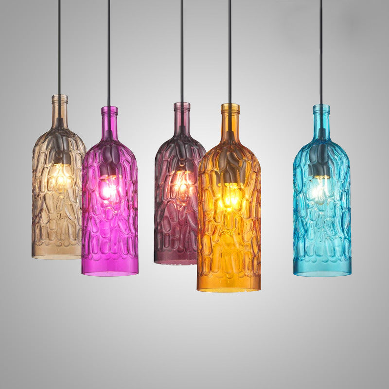 Vintage Art Deco Wine Bottle Hanging Pendant Light With Wavy Glass For Bar And Restaurant