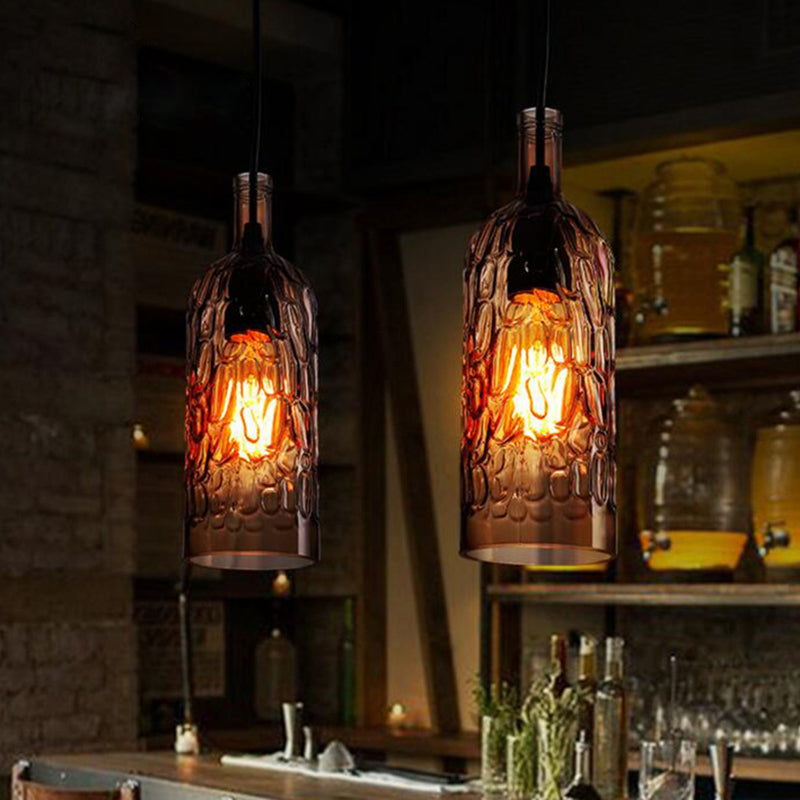 Vintage Art Deco Wine Bottle Hanging Pendant Light With Wavy Glass For Bar And Restaurant