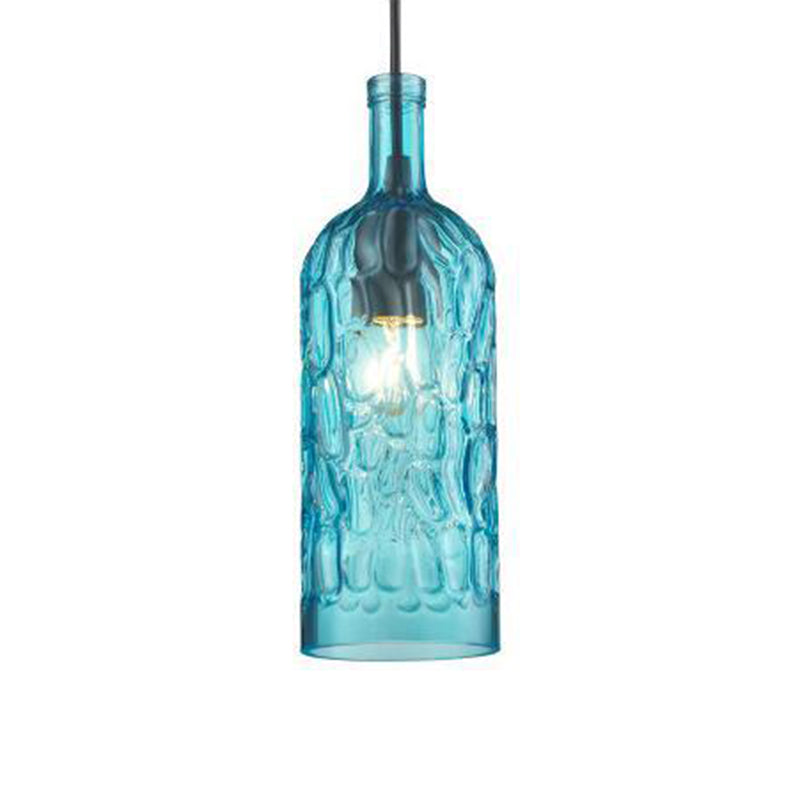 Vintage Art Deco Wine Bottle Hanging Pendant Light With Wavy Glass For Bar And Restaurant Blue