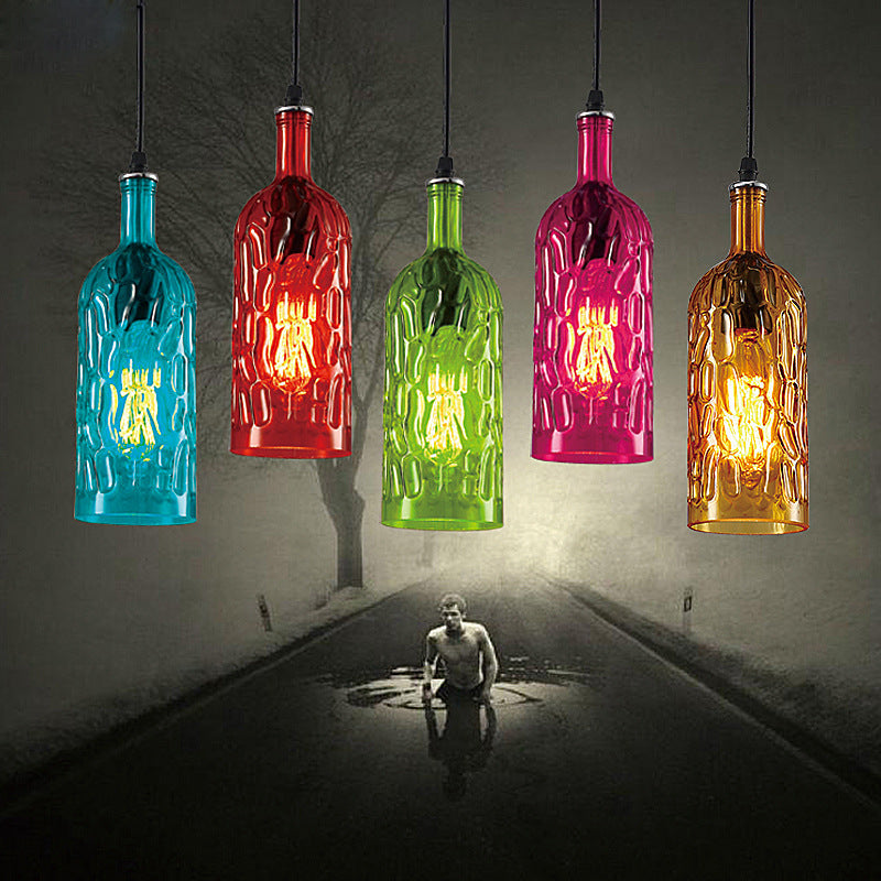 Vintage Art Deco Wine Bottle Hanging Pendant Light With Wavy Glass For Bar And Restaurant