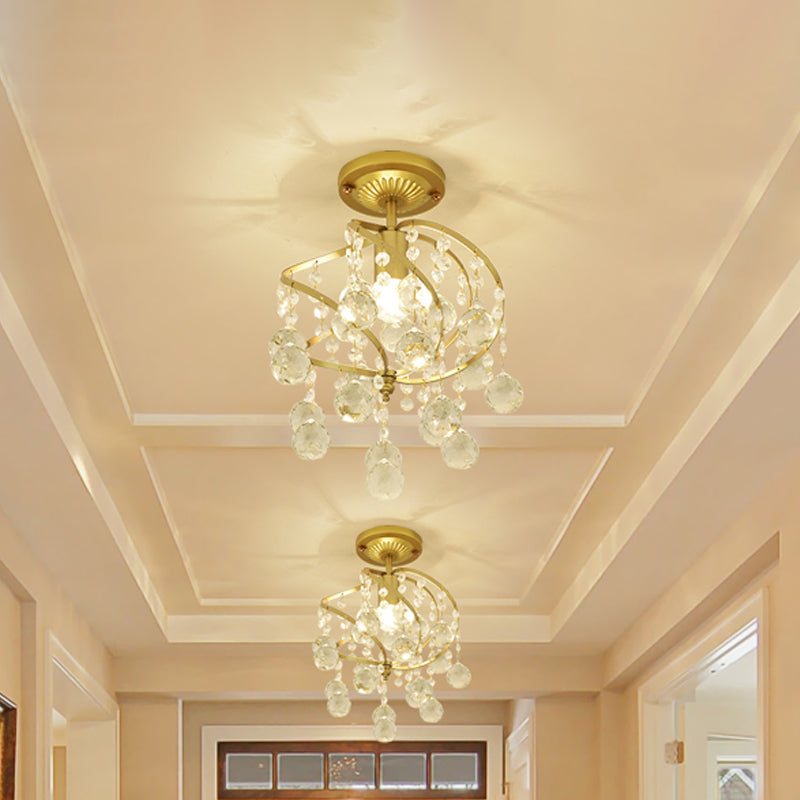 Plafonnier semi-encastré contemporain en spirale - Luminaire de couloir doré métallique à 1 lumière avec goutte de cristal