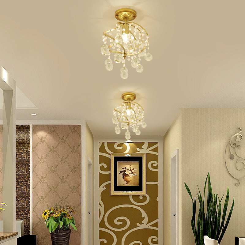Plafonnier semi-encastré contemporain en spirale - Luminaire de couloir doré métallique à 1 lumière avec goutte de cristal