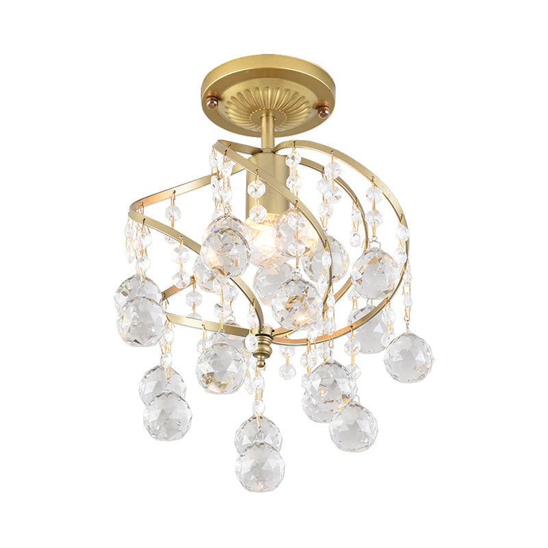 Plafonnier semi-encastré contemporain en spirale - Luminaire de couloir doré métallique à 1 lumière avec goutte de cristal