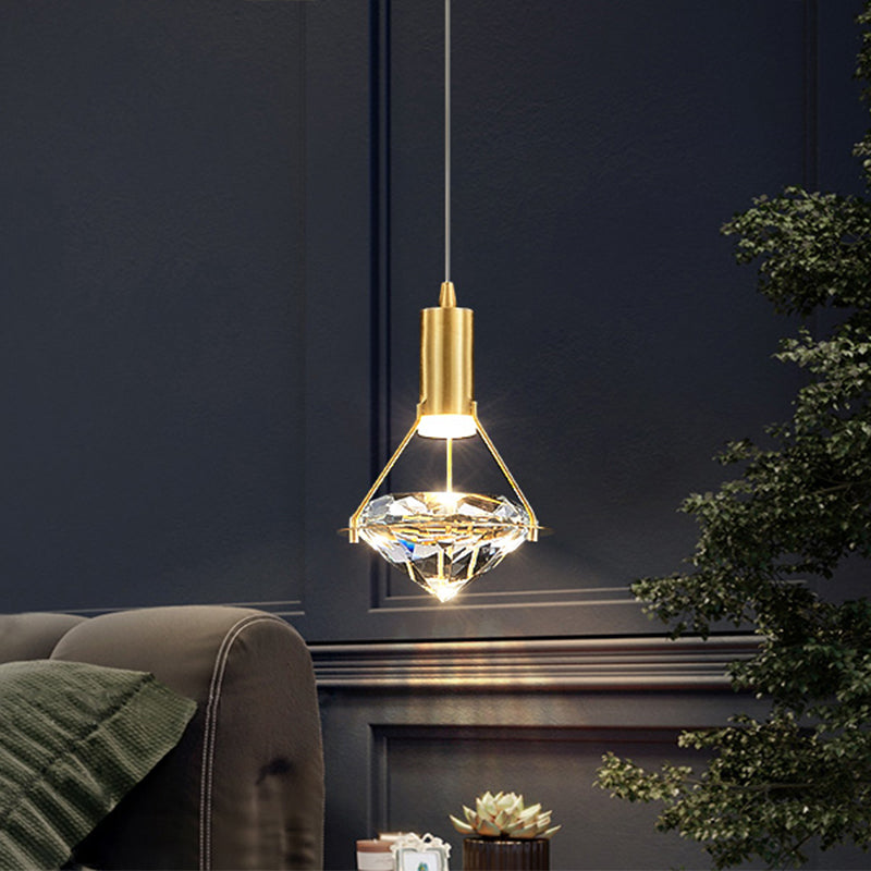 Brass Crystal Pendant Light with LED, Modern Diamond Crystal Ceiling Lighting for Bedroom