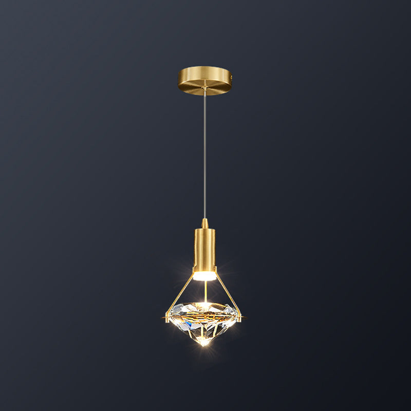 Brass Crystal Pendant Light with LED, Modern Diamond Crystal Ceiling Lighting for Bedroom