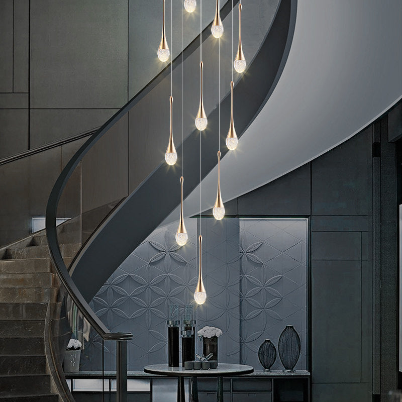 Brass Crystal Cone Pendant Light Set with Long LED Cascade - Perfect for Stairwell