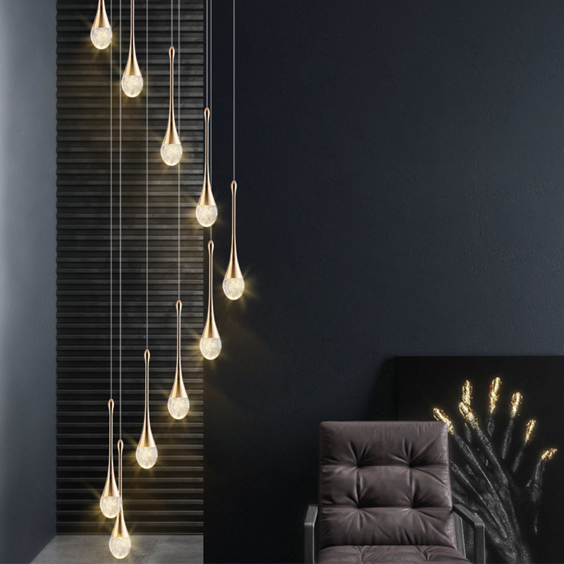 Brass Crystal Cone Pendant Light Set with Long LED Cascade - Perfect for Stairwell