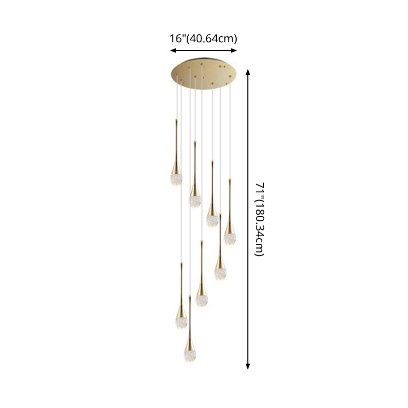 Brass Crystal Cone Pendant Light Set with Long LED Cascade - Perfect for Stairwell