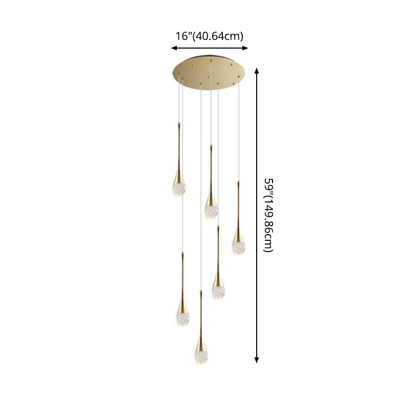 Brass Crystal Cone Pendant Light Set with Long LED Cascade - Perfect for Stairwell