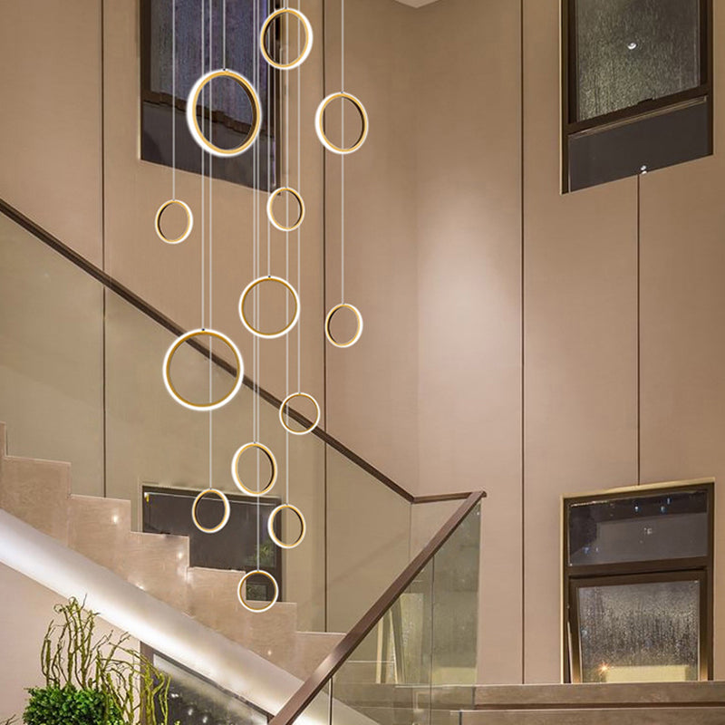Large Ceiling Hanging Light: Modern Minimalist Nordic Metal Ring In Brass Finish For Staircases