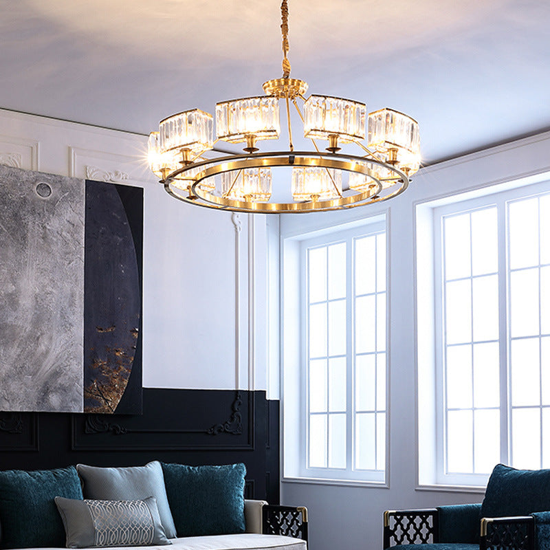 Modern Polished Brass Chandelier With Adjustable 15 Cord And Clear Crystal Pendant