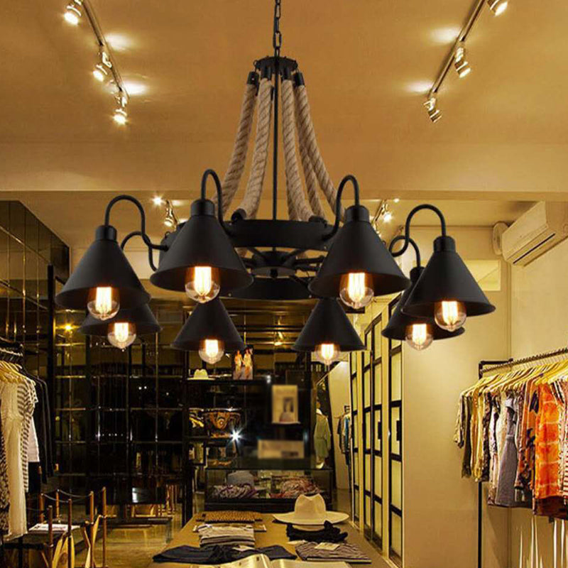 Industrial Vintage Large Chandelier with Rope and Metal Cone Shade - Perfect for Coffee Shop Pendant Lighting