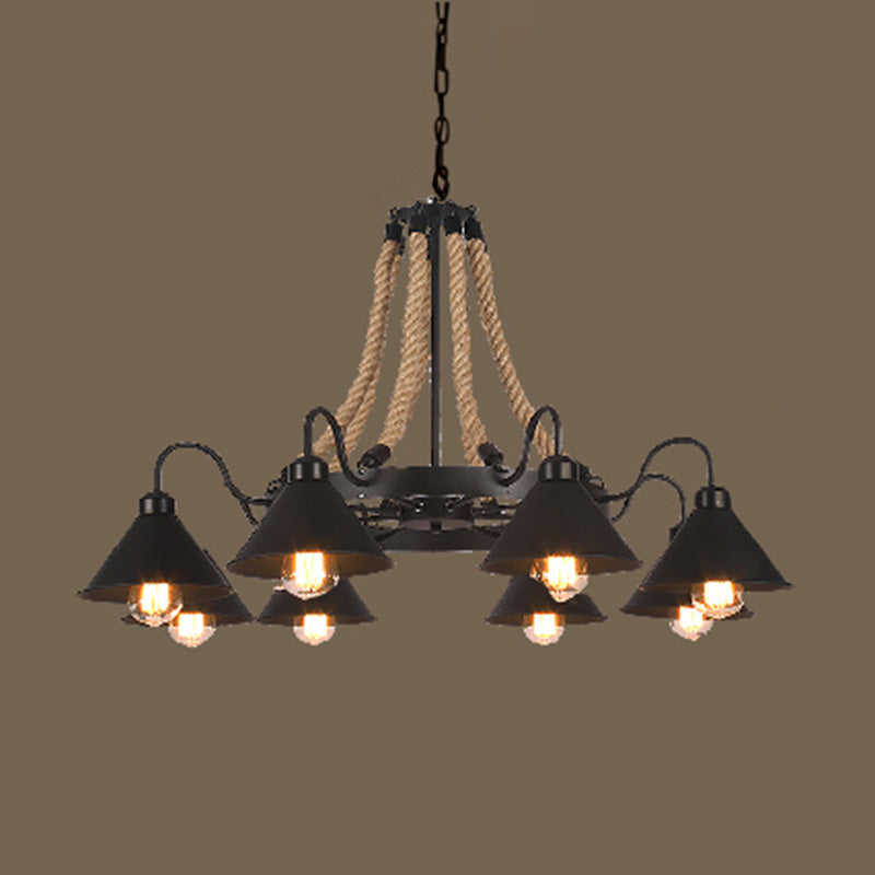 Industrial Vintage Large Chandelier with Rope and Metal Cone Shade - Perfect for Coffee Shop Pendant Lighting