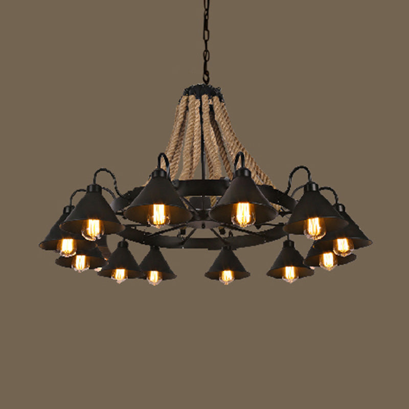 Industrial Vintage Large Chandelier with Rope and Metal Cone Shade - Perfect for Coffee Shop Pendant Lighting