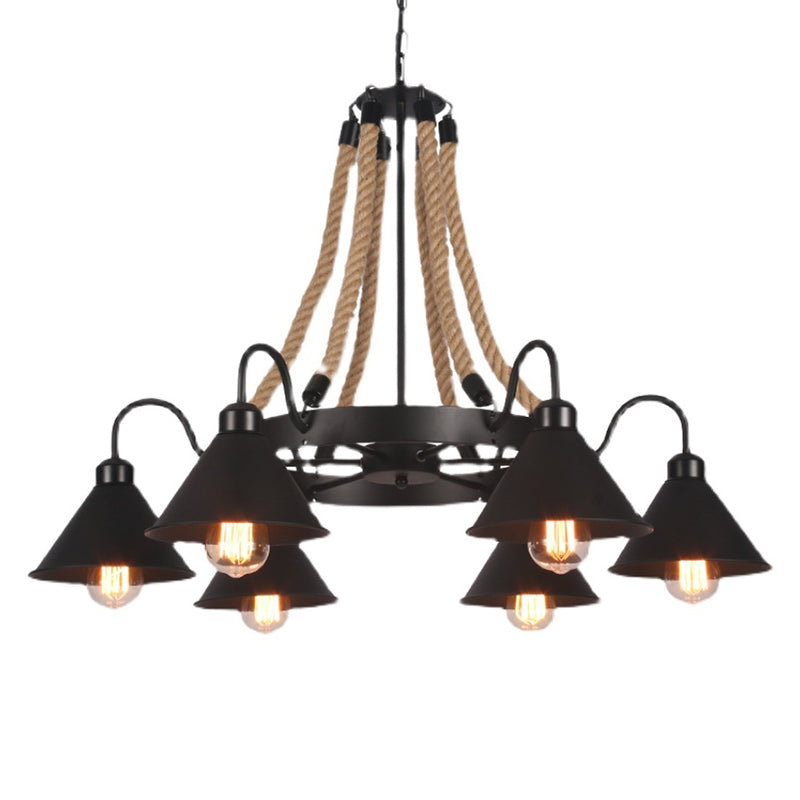 Industrial Vintage Large Chandelier with Rope and Metal Cone Shade - Perfect for Coffee Shop Pendant Lighting