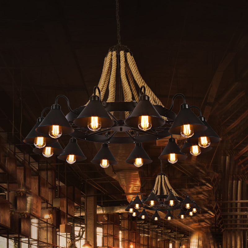 Industrial Vintage Large Chandelier with Rope and Metal Cone Shade - Perfect for Coffee Shop Pendant Lighting