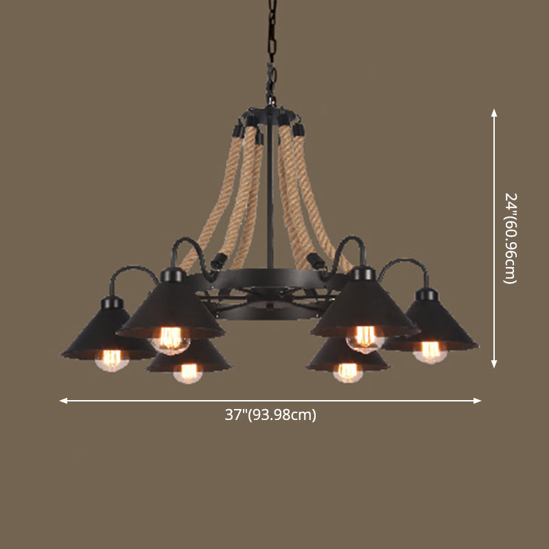 Industrial Vintage Large Chandelier with Rope and Metal Cone Shade - Perfect for Coffee Shop Pendant Lighting