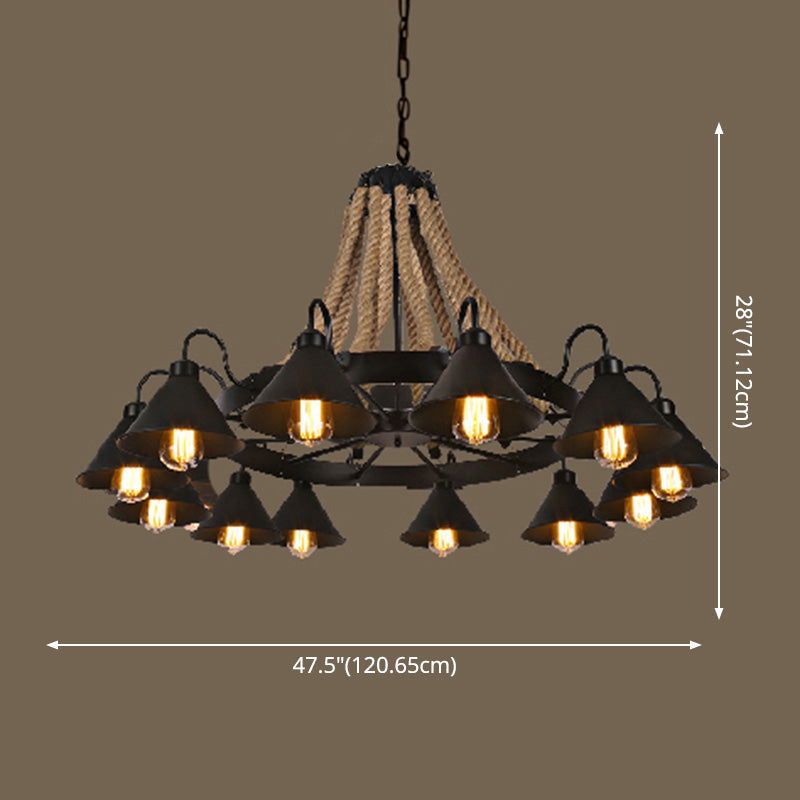 Industrial Vintage Large Chandelier with Rope and Metal Cone Shade - Perfect for Coffee Shop Pendant Lighting