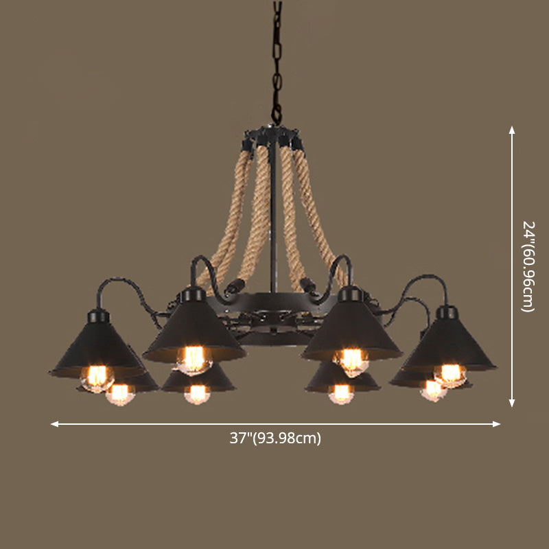 Industrial Vintage Large Chandelier with Rope and Metal Cone Shade - Perfect for Coffee Shop Pendant Lighting