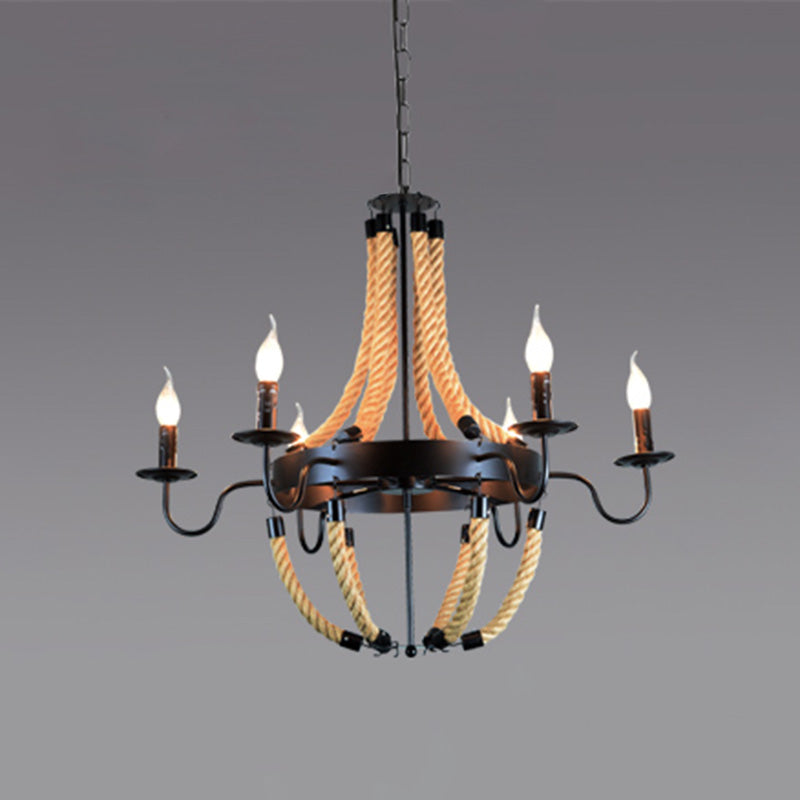 Industrial Rope Style Chandelier Pendant Lamp - Elegant Black Finish Candle Shape, Adjustable 39" Chain