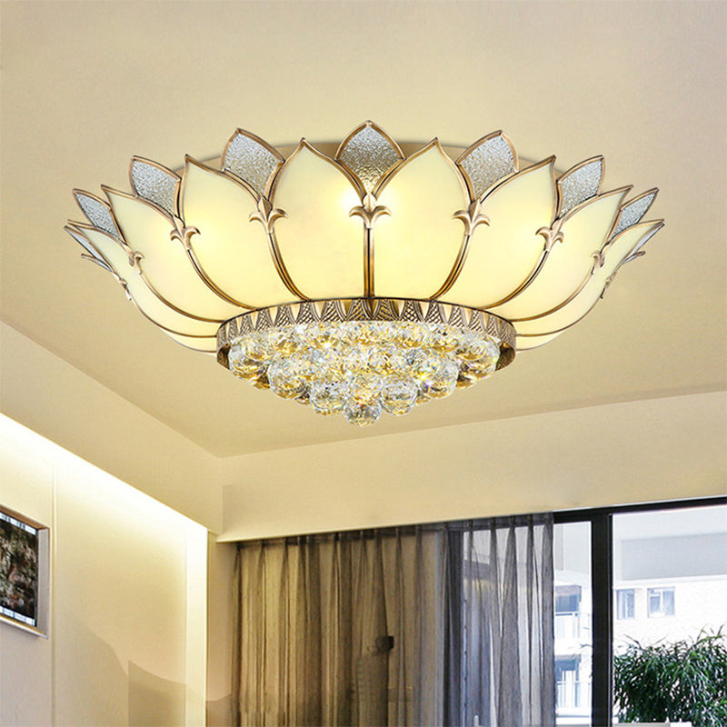 Chinese Style Prismatic Glass Lotus Flush Mount Ceiling Light with Crystal Finial - 5 Lights, White