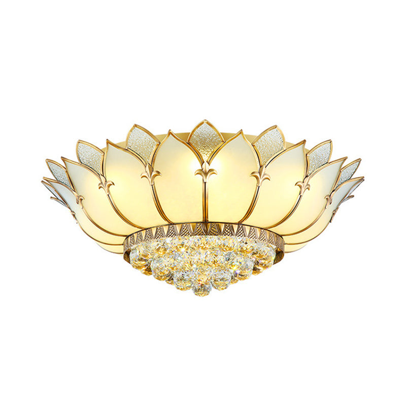 Chinese Style Prismatic Glass Lotus Flush Mount Ceiling Light with Crystal Finial - 5 Lights, White