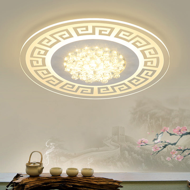 Modern LED White Flush Mount Ceiling Light Fixture with Crystal Accents - Extra-Thin Round Acrylic Flush Light