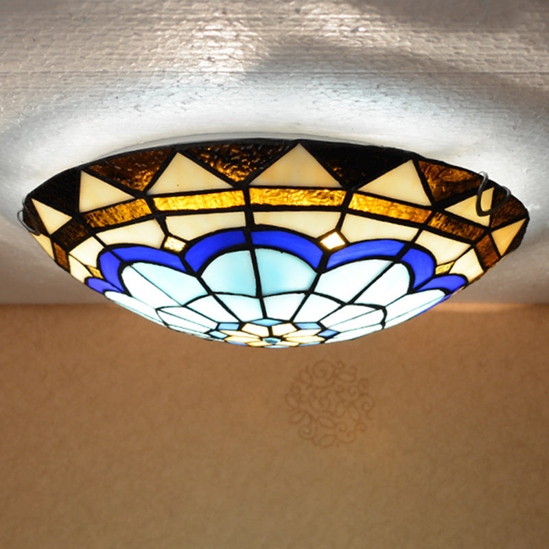 Vintage Blue Handcrafted Glass Dome Ceiling Flush Light with Feather Pattern