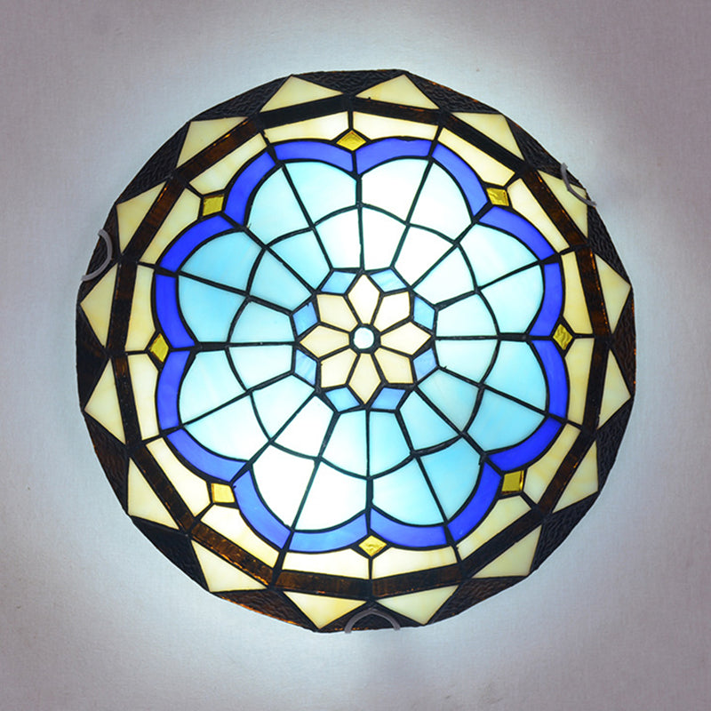 Vintage Blue Handcrafted Glass Dome Ceiling Flush Light with Feather Pattern